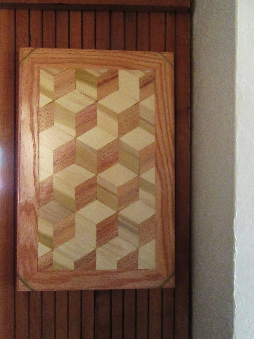 Hand Crafted wood wall plaque - poplar & red oak - geometric design - 17"